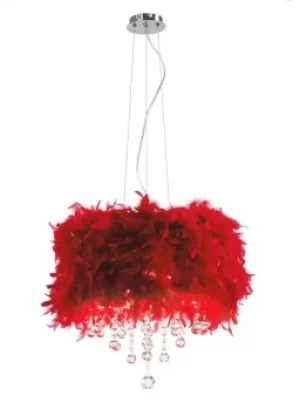Ibis Ceiling Pendant with Red Feather Shade 3 Light Polished Chrome, Crystal