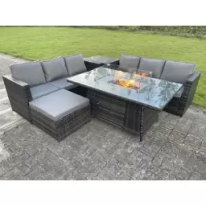 Fimous 6 Seater Outdoor Dark Grey Rattan Lounge Complete Sofa Set with Gas Fire Pit Dining Table, Gas Heater and Big Footstool