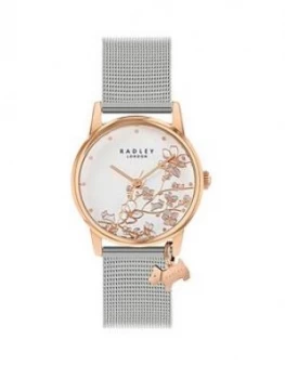 Radley Silver Floral And Rose Gold Detail Dog Charm Dial Stainless Steel Mesh Strap Ladies Watch