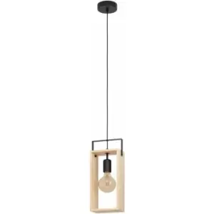 Hanging Ceiling Pendant Light Black & Natural Wood Frame 1 x 40W E27 Bulb