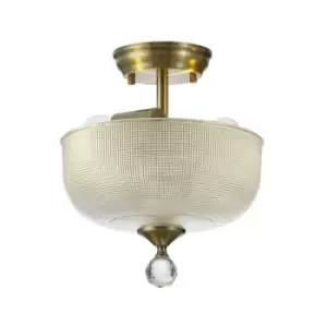 Luminosa Talisa 2 Light Semi Flush Ceiling Lamp E27 With Round 26.5cm Prismatic Effect Glass Shade Antique Brass, Clear