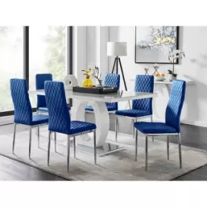 Furniture Box Giovani 6 Grey Dining Table and 6 Navy Velvet Milan Chairs