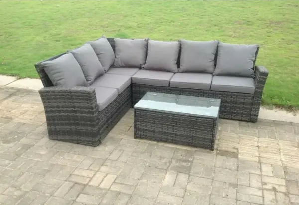 Fimous 6 Seater Outdoor Dark Grey Rattan Lounge Complete Sofa Set with Oblong Coffee Table