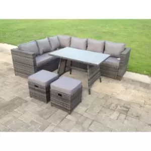 Fimous 6 Seater Outdoor Dark Grey Mixed Rattan Corner Sofa Set with Rectangular Dining Table and 2 Stools