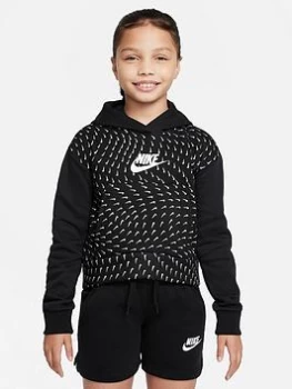 Nike Junior NSW Fleece All-Over Print Hoodie - Black/White, Size L=12-13 Years, Women