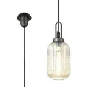 Luminosa 1 Light Pendant E27 20cm Tubular Ribbed Glass, Champagne Black, Aged Pewter