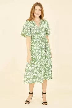 Green Floral Wrap Midi Dress