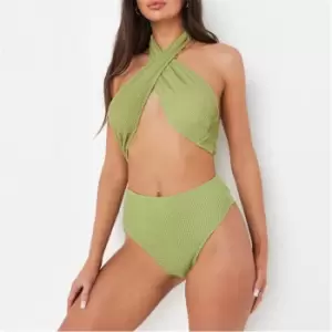 Missguided Crinkle High Waisted High Leg Bikini Bottoms - Green