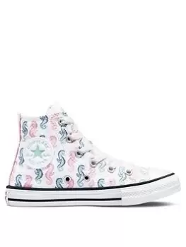 Converse Chuck Taylor All Star Hi Childrens Girls Seahorse Print Trainers -White/Multi, Size 10