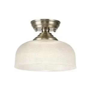 Luminosa Talisa Flush Ceiling Lamp E27 With Round 26.5cm Prismatic Effect Glass Shade Antique Brass, Clear