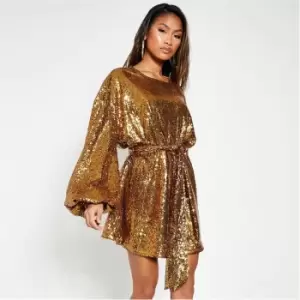 I Saw It First Sequin Balloon Sleeve Tie Wasit Skater Dress - Metallics