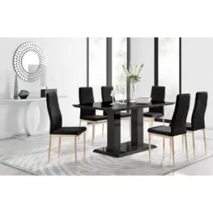 Furniture Box Imperia 6 Black Dining Table and 6 Black Velvet Milan Gold Leg Chairs