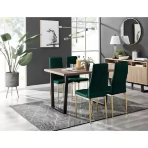 Furniturebox UK - Furniturebox Kylo Brown Wood Effect Dining Table & 4 Green Milan Velvet Dining Chairs With Gold Legs Diamond Stitch Modern