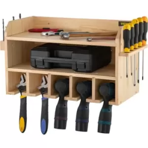 VEVOR Power Tool Organizer, Wall Mount Drill Holder, 5 Drill Hanging Slots Drill Charging Station, 2-Shelf Cordless Drill Storage, Polished Wooden Too