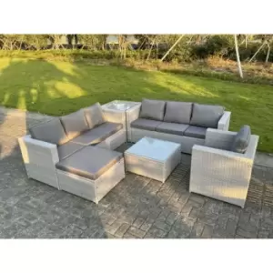 Fimous 7 Seater Outdoor Light Grey Rattan Corner Complete Sofa Set with 2 Coffee Tables and Big Footstool