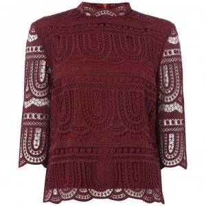 Biba Lace High Neck Top - Burgundy