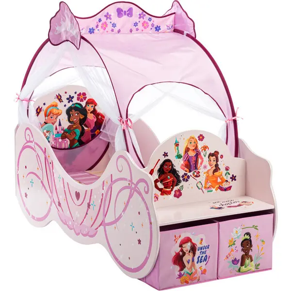 Disney Princess Carriage Toddler Bed With Seat, Storage Boxes And Full Canopy Pink Dimensions: 169.8cm w x 73cm d - Pink - Disney 521645-01-02