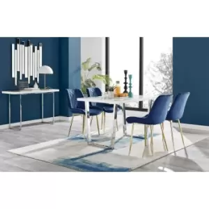 Kylo White High Gloss Dining Table & 4 Navy Pesaro Gold Leg Chairs