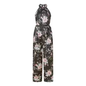 Yumi Black Floral Satin Halter neck Jumpsuit - Black