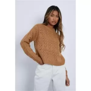 I Saw It First Camel Pointelle Knit Cropped Jumper - Brown