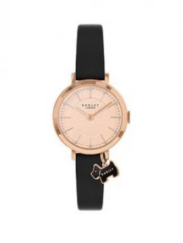 Radley Rose Gold Detail Glitter Dial With Dog Charm And Black Leather Strap Ladies Watch