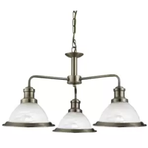 Bistro 3 Light Multi Arm Ceiling Pendant Antique Brass, Acid Glass, E27