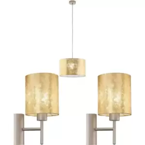 Ceiling Pendant Light & 2x Matching Wall Lights Champagne & Gold Fabric Shade