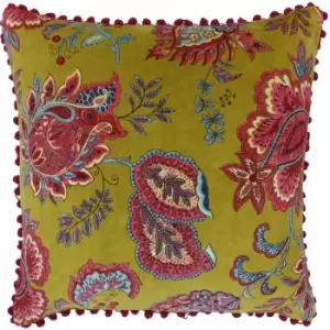 Rivapaoletti - Riva Paoletti Malisa Paisley Indian Print Faux Velvet Pom Pom Fringed Cushion Cover, Lemon Curry, 50 x 50 Cm