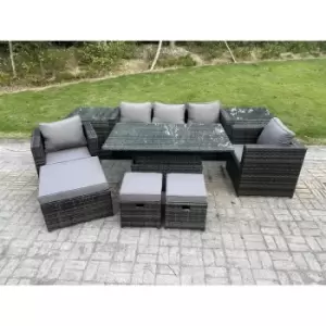 Fimous 5 Seater Dark Grey Outdoor Wicker PE Rattan Dining Sofa Complete Set with Adjustable Table, 2 Stools and Big Footstools