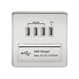 KnightsBridge 1G Screwless Polished Chrome Quad USB 5V Charger Outlet - White Insert