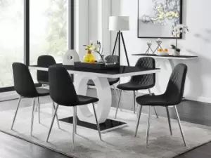 Giovani Rectangular 6 Seat White High Gloss Unique Halo Dining Table Black Glass Top 6 Faux Leather Silver Leg Corona Chairs