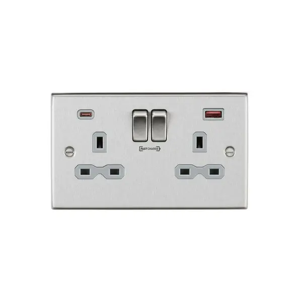 KnightsBridge 13A 2G DP Curved switched socket with dual USB charger A + C (FASTCHARGE) - Brushed chrome with grey insert