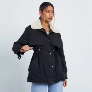 I Saw It First Drawstring Waist Faux Fur Trim Coat - Black