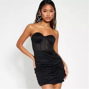 I Saw It First Glitter Mesh Corset Ruched Detail Bodycon Dress - Black