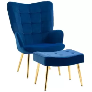 HOMCOM Upholstered Armchair w/ Footstool Set, Modern Button Tufted Accent Chair w/ Gold Tone Steel Legs, Wingback Chair, Dark Blue