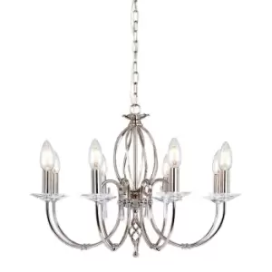 8 Bulb Chandelier Cut Glass Droplets Curved Stem Polished Nickel LED E14 60W