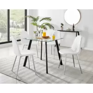 Furniturebox UK - Furniturebox Seattle Glass and Black Metal Leg Square Dining Modern Industrial Dining Table & 4 White Corona Faux Leather Dining