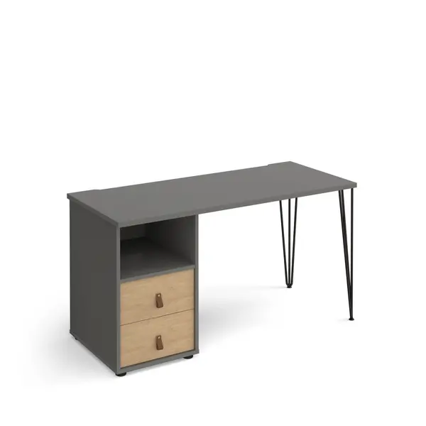 Tikal Straight Grey Desk with Black Hairpin Leg with Oak Drawers - 1400mm x 600mm