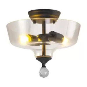 Luminosa Talisa 2 Light Semi Flush Ceiling Lamp E27 With Flat Round 30cm Glass Shade Graphite, Clear