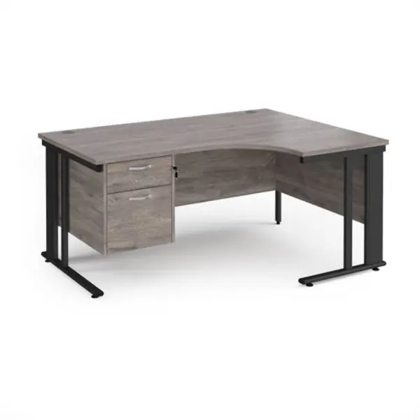 Maestro 25 right hand ergonomic desk 1600mm wide with 2 drawer pedestal - Black cable managed leg frame, grey oak top