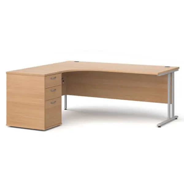 Office Desk Left Hand Corner Desk 1800mm With Pedestal Beech Top With Silver Frame Maestro 25