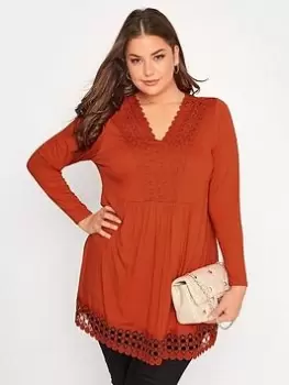 Yours Long Sleeve Crochet Trim Tunic. Burnt Orange, Size 34-36, Women