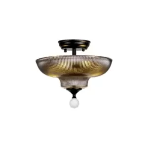 Dresden 2 Light Semi Flush Ceiling Lamp E27 With Round 30cm Glass Shade Matt Black, Smoked