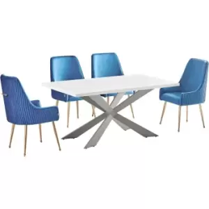 Life Interiors - 5 Pieces Soho Duke Dining Set - a White Rectangular Dining Table and Set of 4 Blue Dining Chairs - Blue