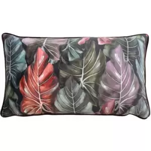 Wylder - Tropics Mogori Leafage Print Velvet Piped Edge Cushion Cover, Aubergine, 30 x 50 Cm