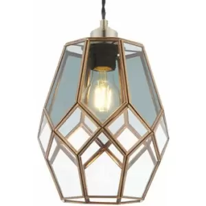 Hanging Ceiling Pendant Light Shade Brass & Clear Smoked Glass Geometric Cage