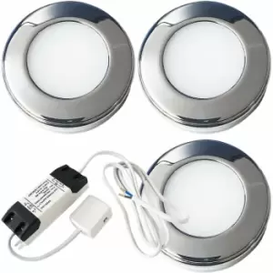 3x chrome Round Surface or Flush Under Cabinet Kitchen Light & Driver Kit - Natural White led