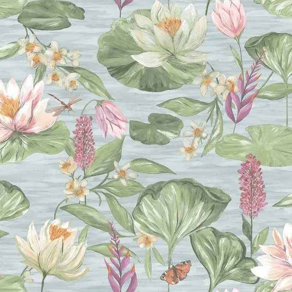 YOL YOL - Blue Lily Pad Wallpaper Holden Floral Butterfly Green Pink Natural Flower WL-13620