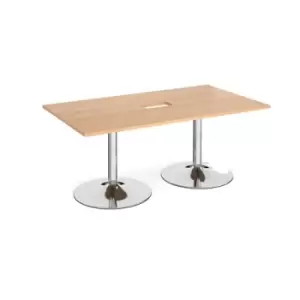 Trumpet base rectangular boardroom table 1800mm x 1000mm with central cutout 272mm x 132mm - chrome base and beech top