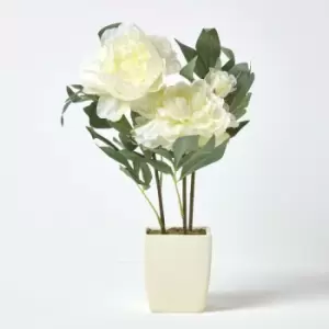 Homescapes - Cream Artificial Peonies in Decorative Cream Pot, 48cm Tall - Cream